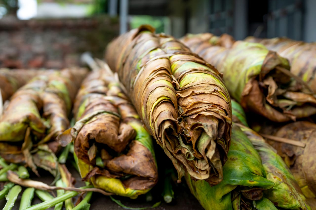 Areca nuts, betel leaves and white lime paste arranged on a wooden market table