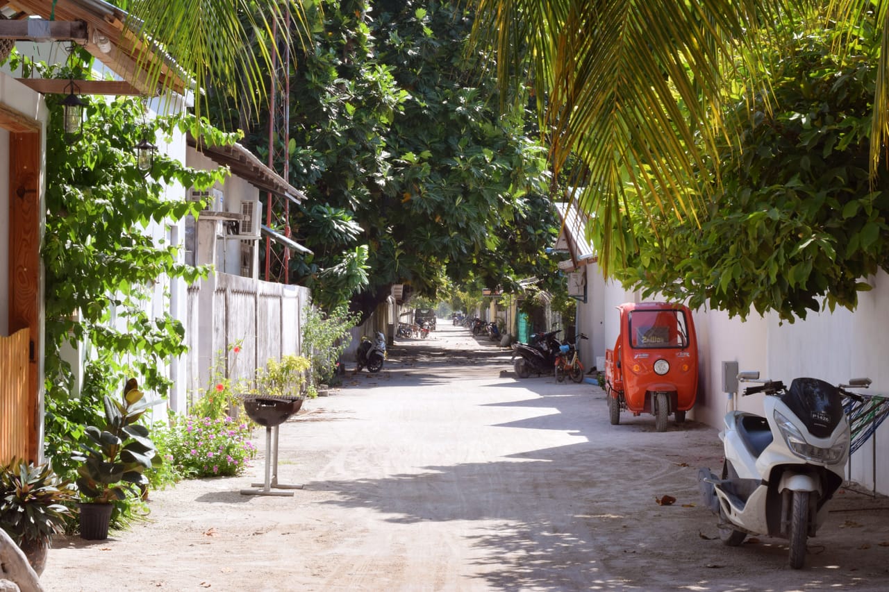 A weathered beachfront warung and a parked motorbike on a dirt road on Rote in late-afternoon light