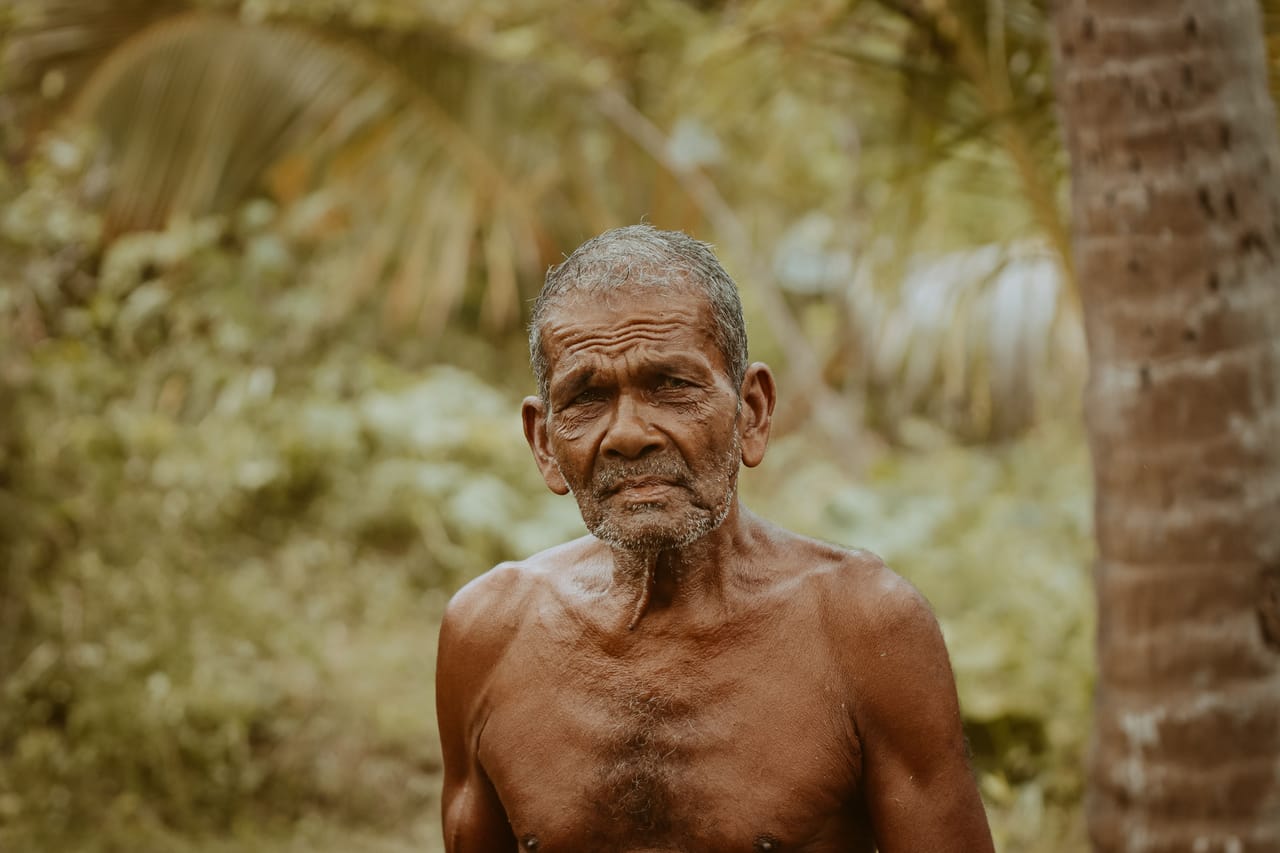 An older Rotenese man holding a well-worn acoustic sasando outside a village home with lontar palms behind him